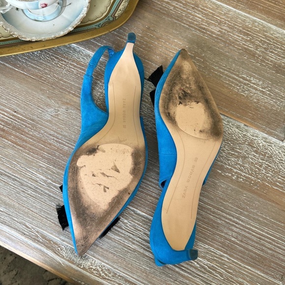 Size 8 Zara blue faux-suede kitten pointed toe heels black ribbon & rhinestone - Picture 6 of 8